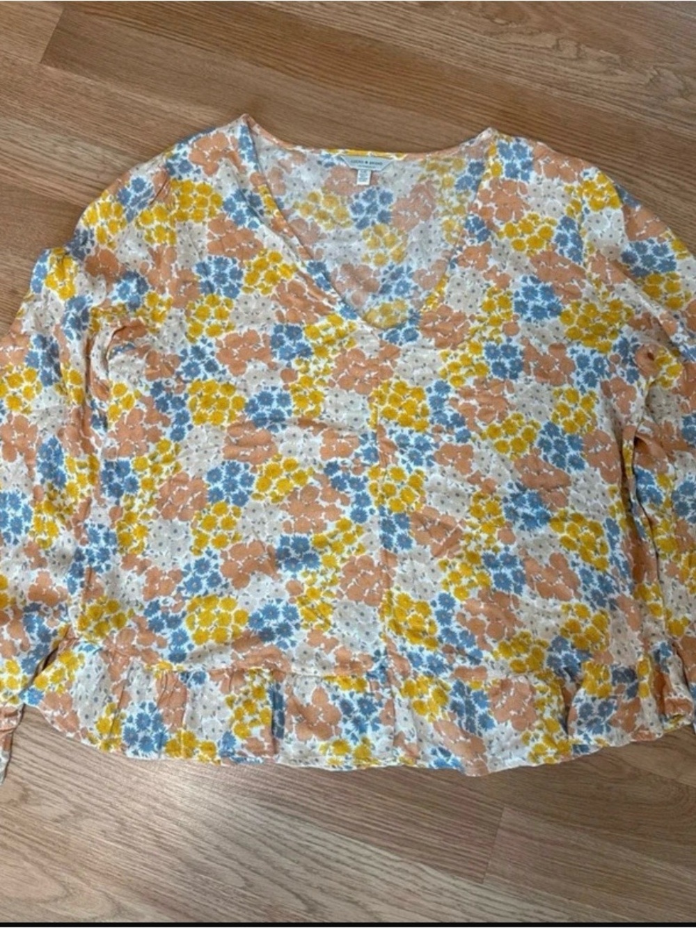 Lucky Brand Floral Eyelet V-Neck Blouse in Peach, Yellow & Blue